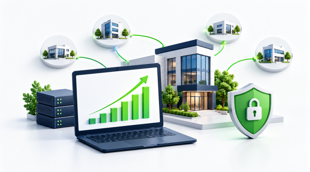 MSP growth illustration showing a rising revenue chart, connected client businesses, and a security shield.