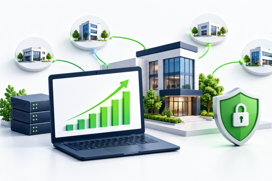 MSP growth illustration showing a rising revenue chart, connected client businesses, and a security shield.