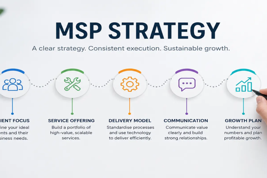 MSP strategy covering client focus, service offering, delivery, communication, and profitable growth