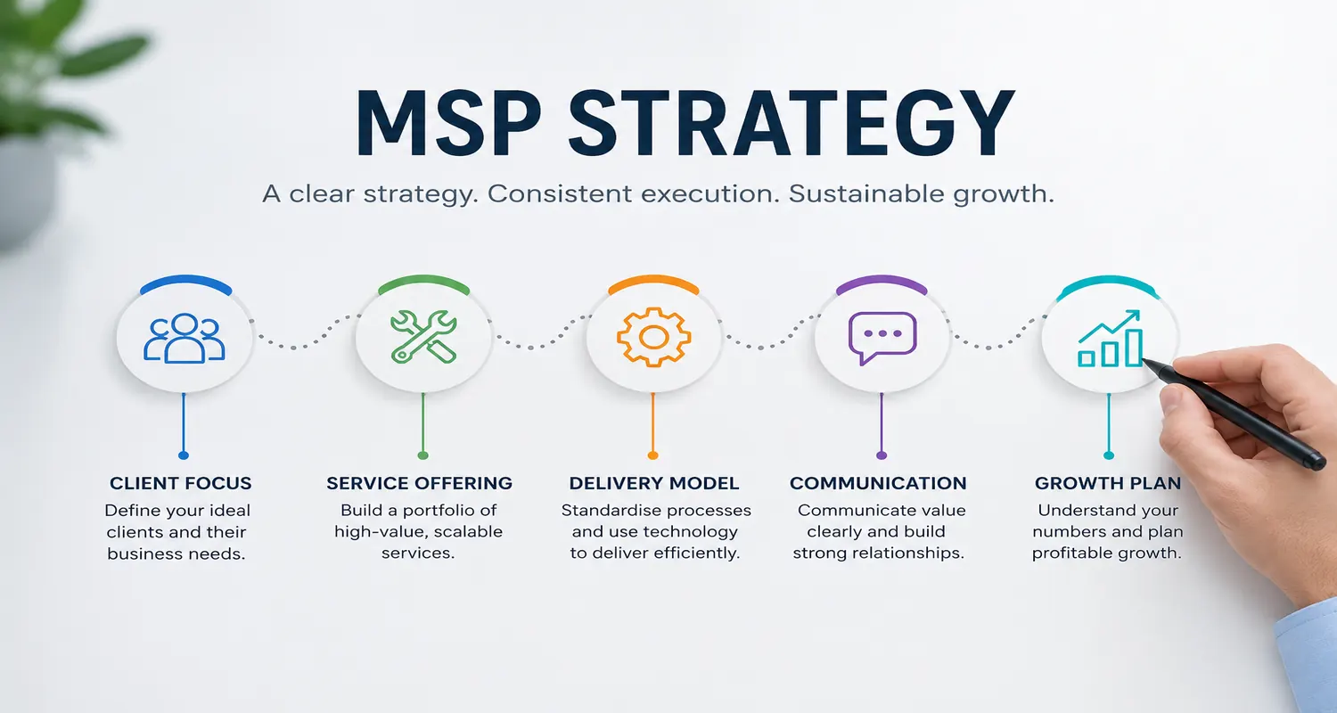 MSP strategy covering client focus, service offering, delivery, communication, and profitable growth