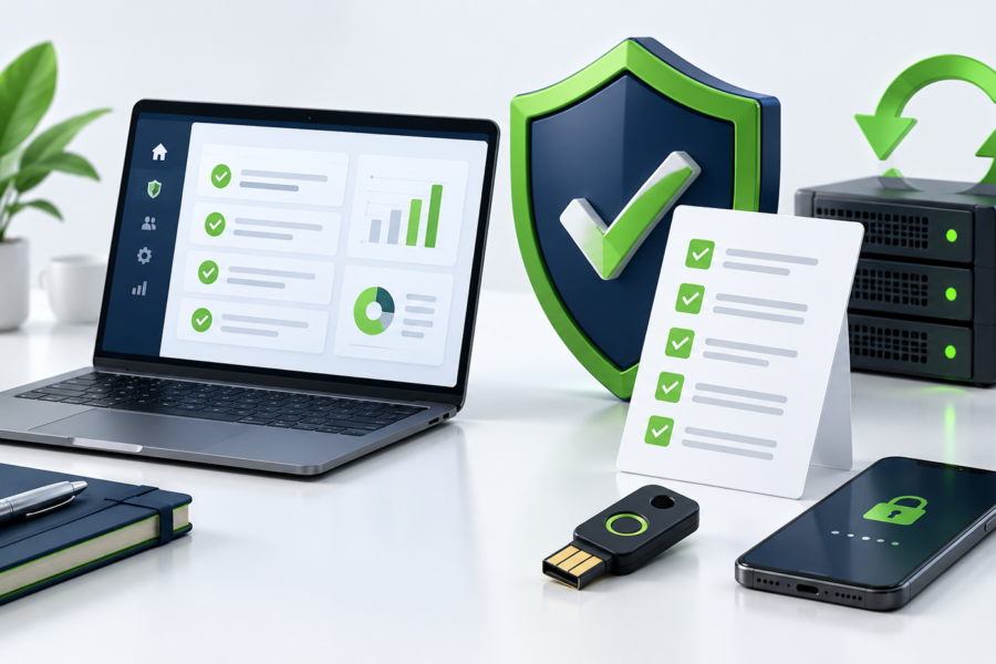 Cyber Essentials 2026 changes illustrated with a security checklist, laptop, MFA security key and server update symbol.