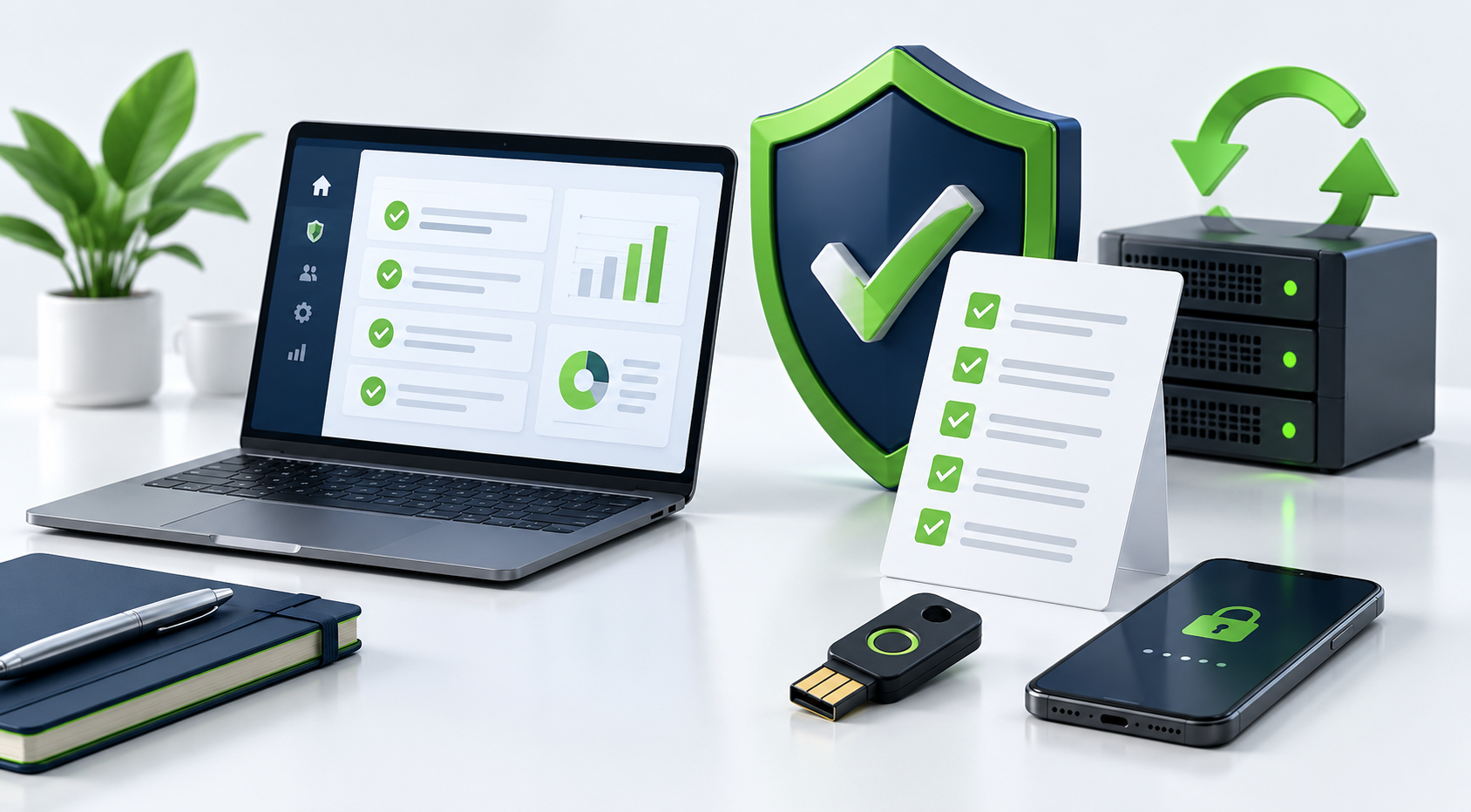 Cyber Essentials 2026 changes illustrated with a security checklist, laptop, MFA security key and server update symbol.