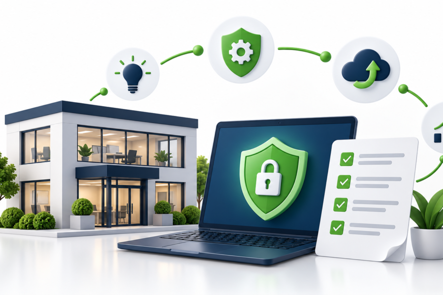 NIST CSF 2.0 client Security Review illustration with an office, security shield, and checklist.
