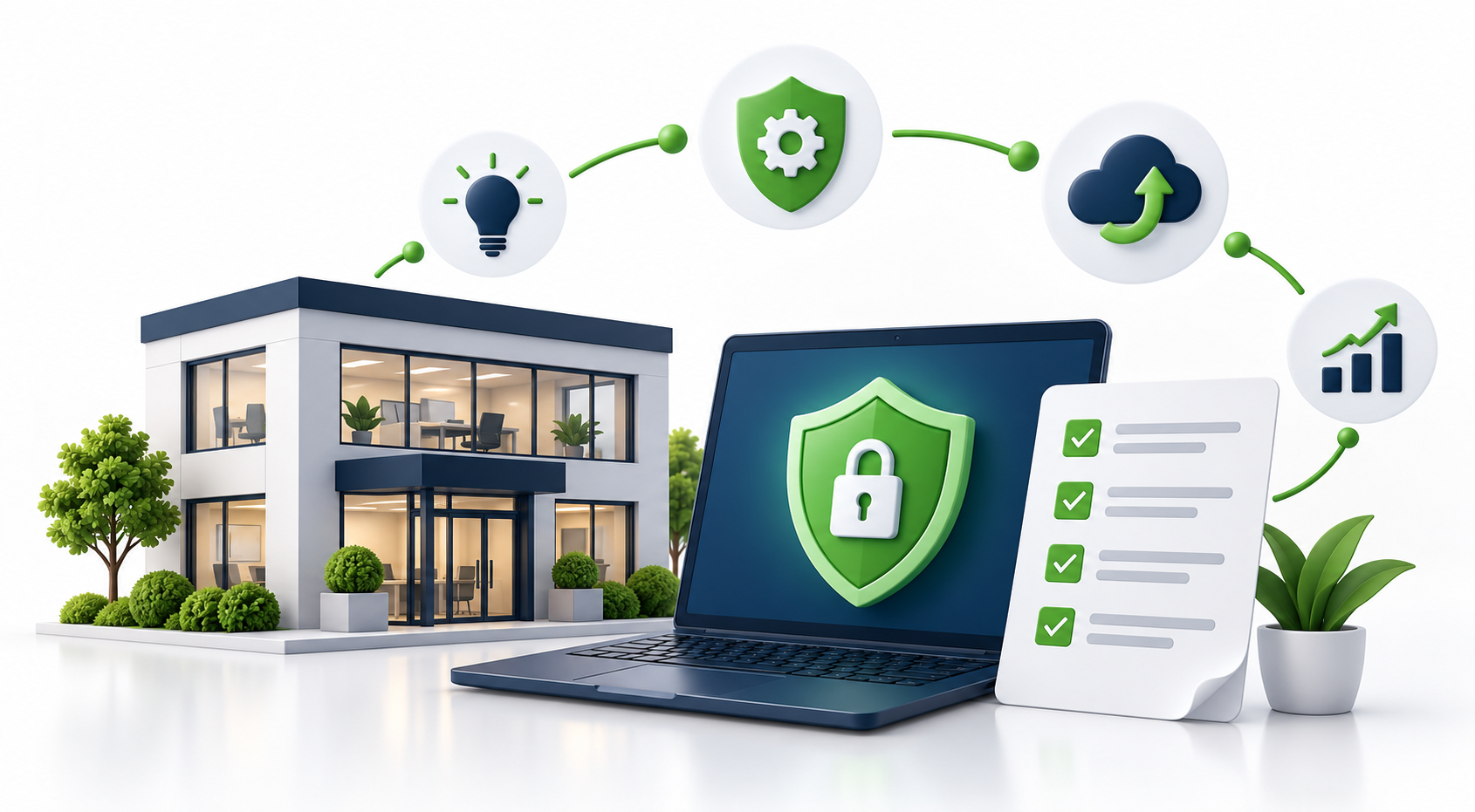 NIST CSF 2.0 client Security Review illustration with an office, security shield, and checklist.