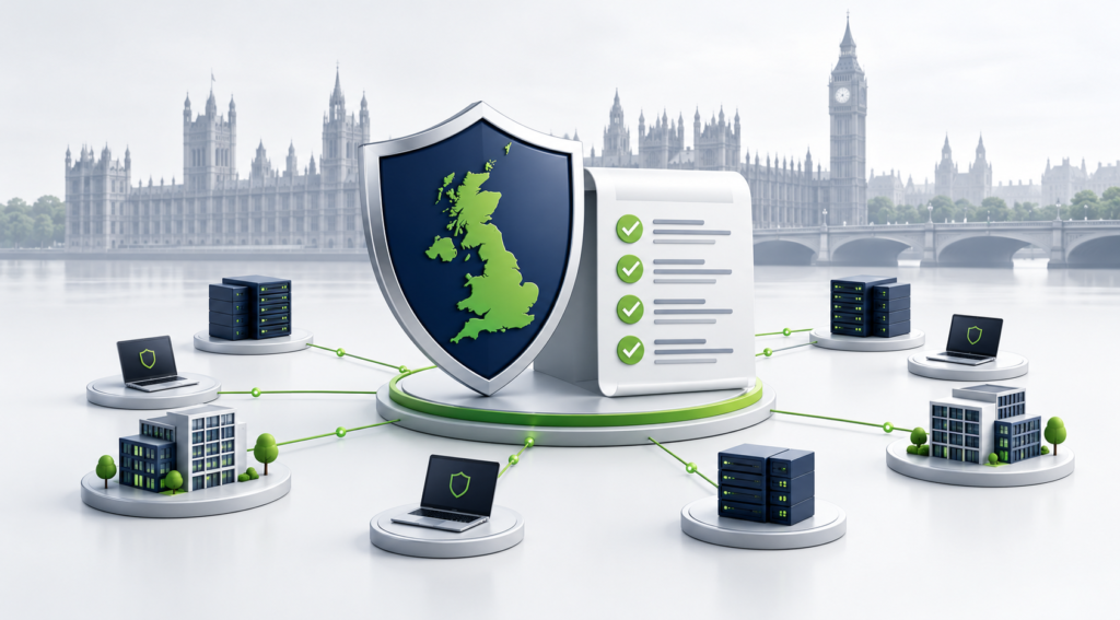 Cyber Security and Resilience Bill illustration showing Parliament, a security shield and connected business IT systems.