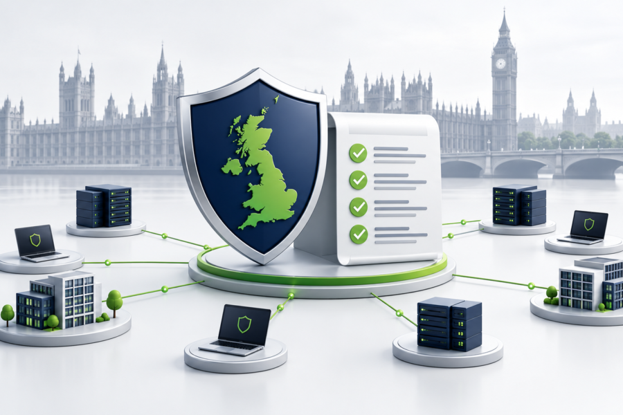 Cyber Security and Resilience Bill illustration showing Parliament, a security shield and connected business IT systems.